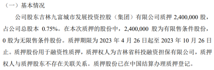 吉林碳谷股东质押240万股用于融资性质押